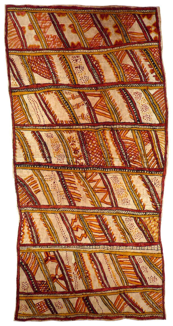 Fate Savari Mweje (Sabu deje, nenyai, ije biweje, dubidubi'e, mi'ija'ahe, mokojo bineb'e, mahuva'oje, uje, ohu'o buboriano'e) natural pigments on nioge (barkcloth) 149 x 74 cm