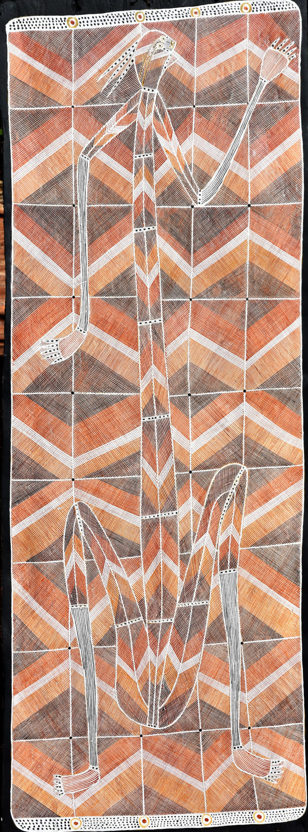 Ivan Namirrkki Namurrungkidj (Fish Stealing Spirit), 2018 Earth pigments on Stringybark 138 x 51 cm