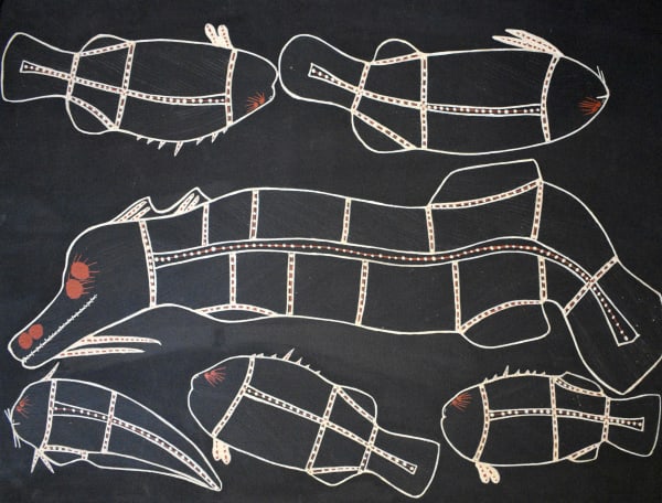 Joe Guymala Ngalyod (Rainbow Serpent), 2018 ochre and acrylic on arches paper 76 x 102 cm