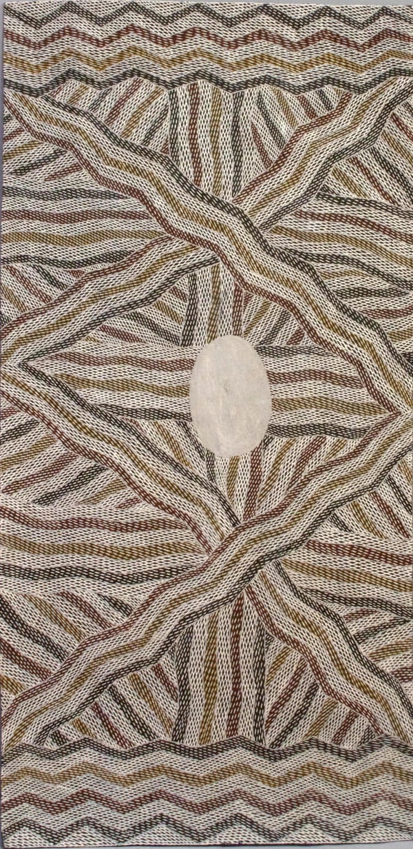 Manini Gumana Garraparra natural earth pigment on bark 116 x 53 cm