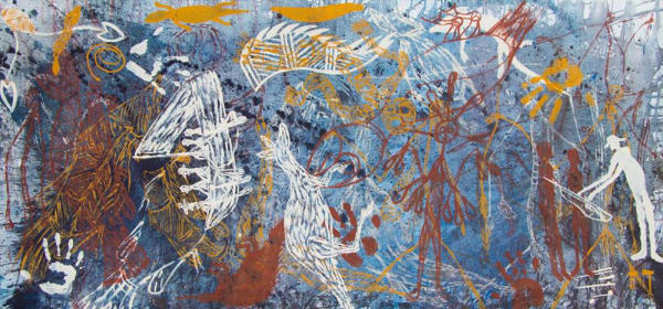 Injalak Collaboration Rock Art Style, 2020 Ochre on canvas 180 x 85 cm