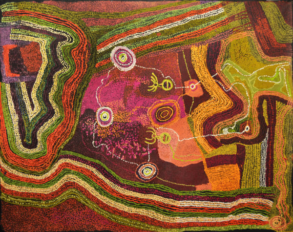 Mick Wikilyiri Tjala tjukurpa - Honey ant story acrylic on linen 121 x 152 cm