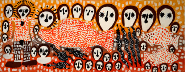 Mabel King Wandjina & Munja Fish acrylic on canvas 67 x 173 cm
