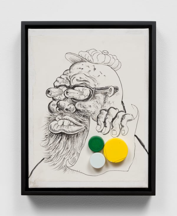 Trenton Doyle Hancock I'm Offaly Fond of You, 2022 Ink, acrylic and bottle caps on paper mounted to canvas 12 x 9 in 30.5 x 22.9 cm