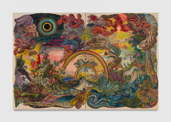 Ken Gun Min An eclipse does not come alone (West Lake Moon, East Lake Sun), 2023 Korean pearl pigment, oil paint, silk embroidery, beads, and crystals on canvas 80 x 120 in 203.2 x 304.8 cm
