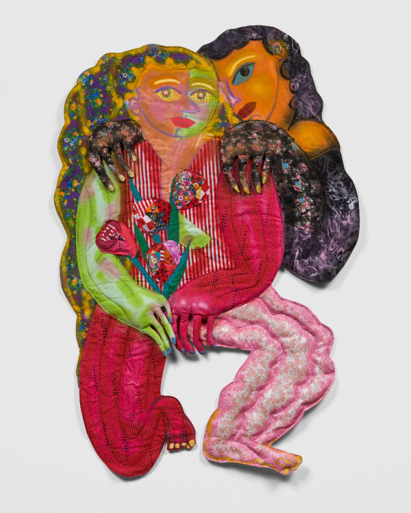 Maria A. Guzmán Capron La Santa y Su Pecado, 2023 Fabric, thread, batting, stuffing, spray paint and acrylic paint 58 x 40 x 3 in 147.3 x 101.6 x 7.6 cm