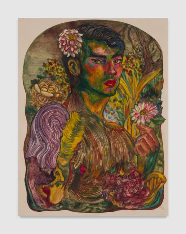 Ken Gun Min Jealous Boy Visiting Mt. Olympus Garden, 2023 Oil, Korean pigment 50 ¼ x 38 in 127.6 x 96.5 cm