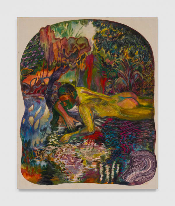Ken Gun Min Laurel Canyon Reflection, 2023 Oil, Korean pigment, silk embroidery thread, beads, crystals 50 ½ x 41 ¼ in 128.3 x 104.8 cm