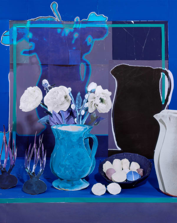 Daniel Gordon, Blue Still Life with White Peonies, Eggs, and Onions, 2019