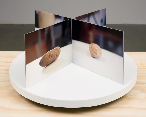Lucas Blalock Film-Object (Potato), 2020 Dye sublimation prints on aluminum, book cloth, motorized turntable display. Unique. 11 3/4 x 23 3/8 x 23 3/8 in 29.8 x 59.4 x 59.4 cm