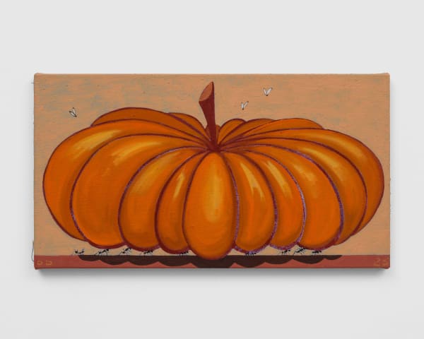 Dickon Drury Ants carry Pumpkin, 2023 Oil on Flax 12 x 22 in 30.5 x 56 cm