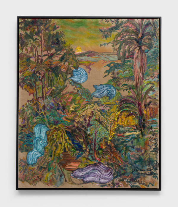 Ken Gun Min Silverlake, 2022 gold thread, Korean pigment powder, oil, vintage crystal beads on linen 50 x 41 1/2 in 127 x 105.4 cm