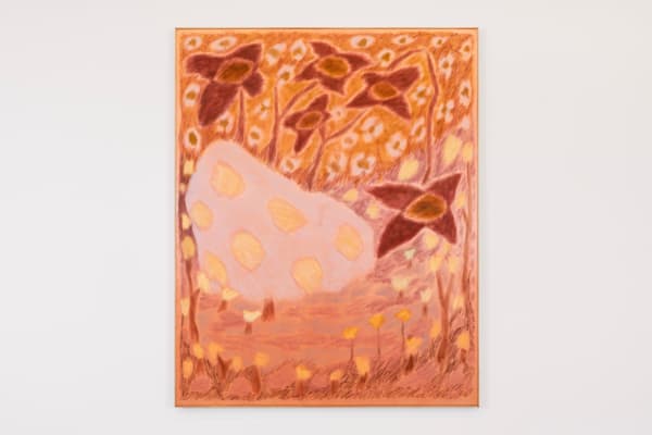 Larissa Lockshin Untitled (Moment's Notice), 2025 Oil and soft pastel on dyed satin with artist-made frame 60 ½ x 48 ½ in 153.7 x 123.2 cm