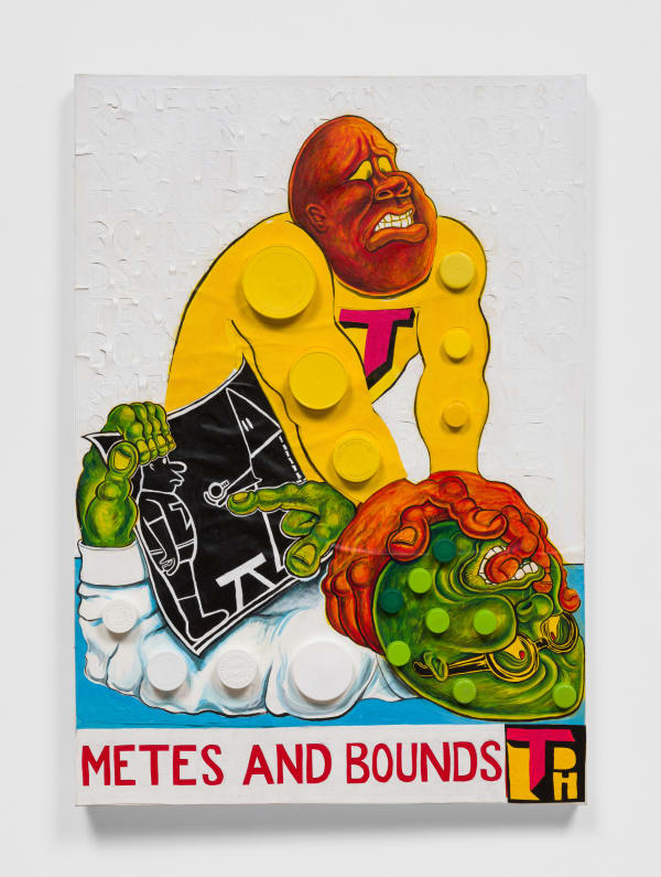 Trenton Doyle Hancock Metes and Bounds, 2022 Acrylic, graphite, paper and canvas collage, plastic bottle caps on canvas 36 x 25 1/4 x 3 in 91.4 x 64.1 x 7.6 cm