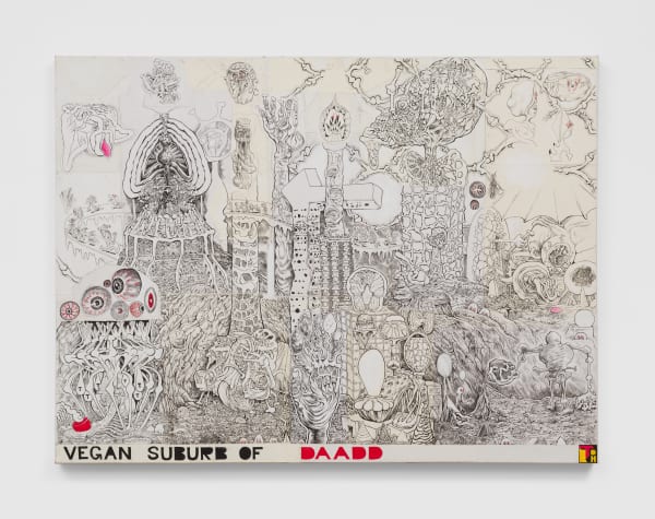Trenton Doyle Hancock Vegan Suburb of Daadd, 2022 Acrylic, graphite, ink, paper and canvas collage on canvas 30 x 40 in 76.2 x 101.6 cm