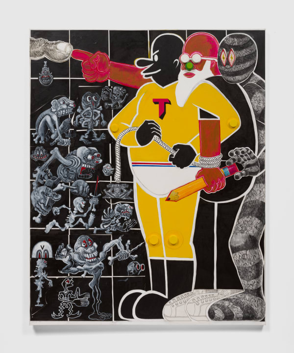 Trenton Doyle Hancock It Takes Three or Four to Even the Score, 2022 Acrylic, graphite, ink, paper and canvas collage, plastic bottle caps on canvas 60 x 48 in 152.4 x 121.9 cm