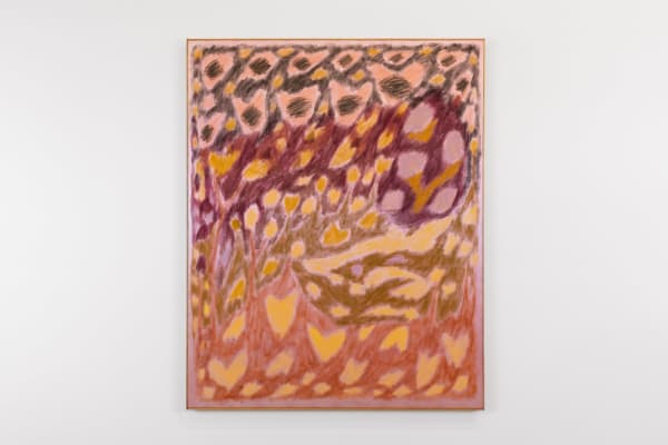 Larissa Lockshin Untitled (Not This Time), 2025 Oil and soft pastel on dyed satin with artist-made frame 60 ½ x 48 ½ in 153.7 x 123.2 cm