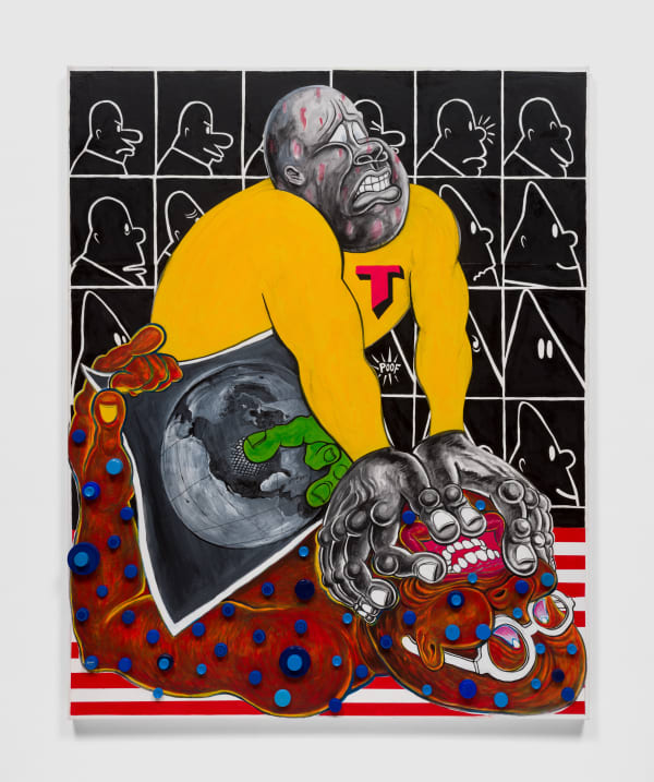 Trenton Doyle Hancock The Midas Touch, 2022 Acrylic, graphite, ink, paper collage, plastic bottle caps on canvas 60 x 48 in 152.4 x 121.9 cm