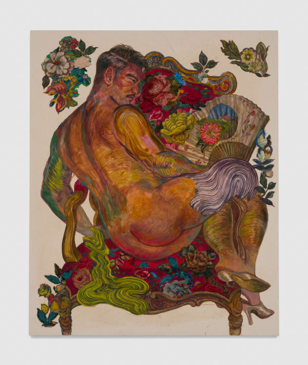 Ken Gun Min East Hollywood Red Chair, 2023 Oil, Korean pigment, silk embroidery thread 66 x 54 in 167.6 x 137.2 cm