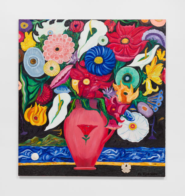 Daniel Gibson Vase with Sand Dollar (Flower Moon), 2021 Oil on linen 60 x 56 in