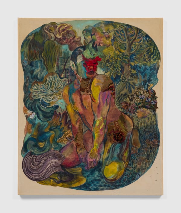 Ken Gun Min Night Cruiser (Westlake), 2023 Korean pearl pigment, silk embroidery, oil on canvas 50 x 41 in 127 x 104.1 cm