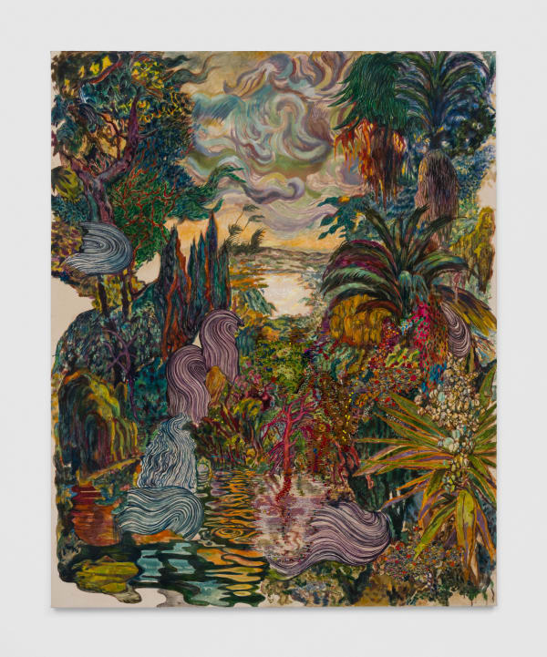 Ken Gun Min Silverlake, 2023 Oil, Korean pigment, silk embroidery thread, beads, crystals 80 x 64 in