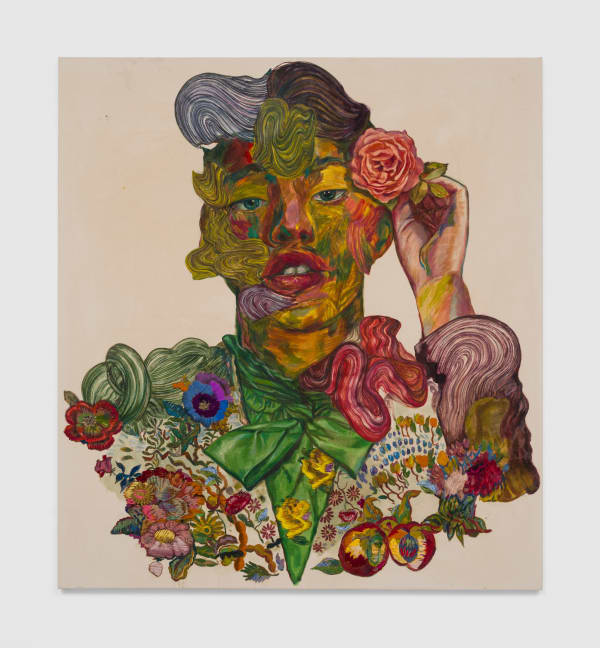 Ken Gun Min Boy with Flower Patterned Shirt (Filipino Town), 2023 Oil, Korean pigment, silk embroidery thread, beads, crystals 68 x 62 in