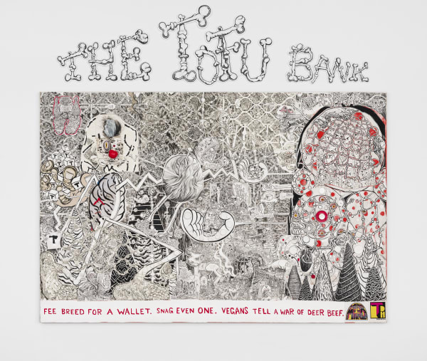 Trenton Doyle Hancock The Skint Alterpiece Vegans Make Deposits at the Tofu Bank, 2020 Acrylic, ink, and collaged paper on canvas 72 x 108 in 182.9 x 274.3 cm