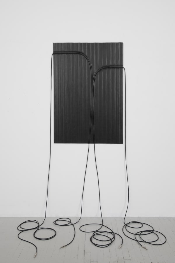 Naama Tsabar Suspension (Meetings #1), 2023 Gaffer tape, audio cable and connectors, aluminum, CA glue, archival PVA glue. Gaffering: Patrick Busby, Naama Tsabar. With cable drops : 48 x 35 1/4 x 3/4 in (not including length of cable) Panel only: 48 x 33 3/16 x 5⁄8 in