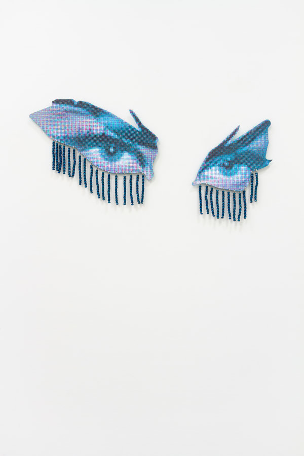 Julie Henson Between Reality and Theater, 2021 Pigment print on aluminum, beaded fringe 12.5 x 24.5 in 31.8 x 62.2 cm