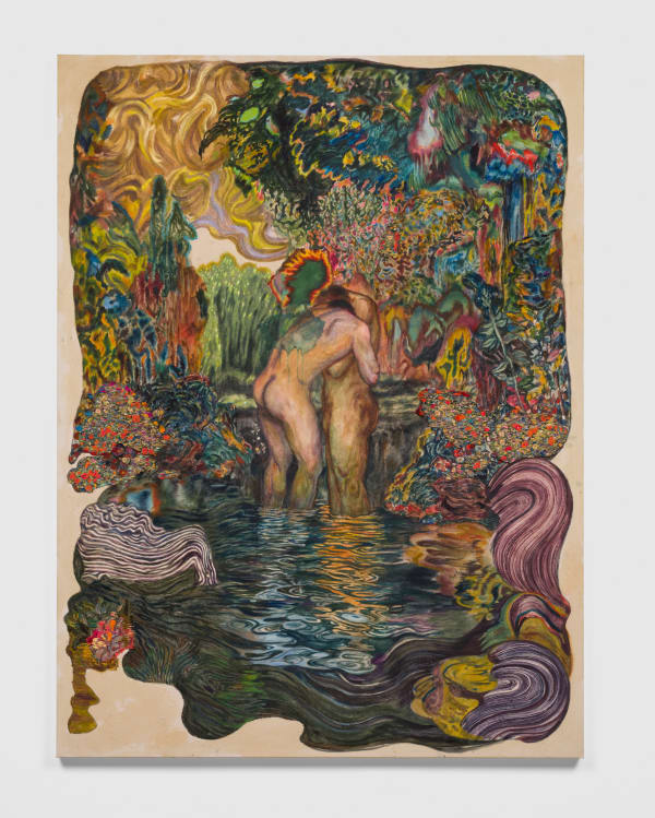 Ken Gun Min Bathers, 2023 Korean pearl pigment, silk embroidery, oil on canvas 80 x 60 in 203.2 x 152.4 cm