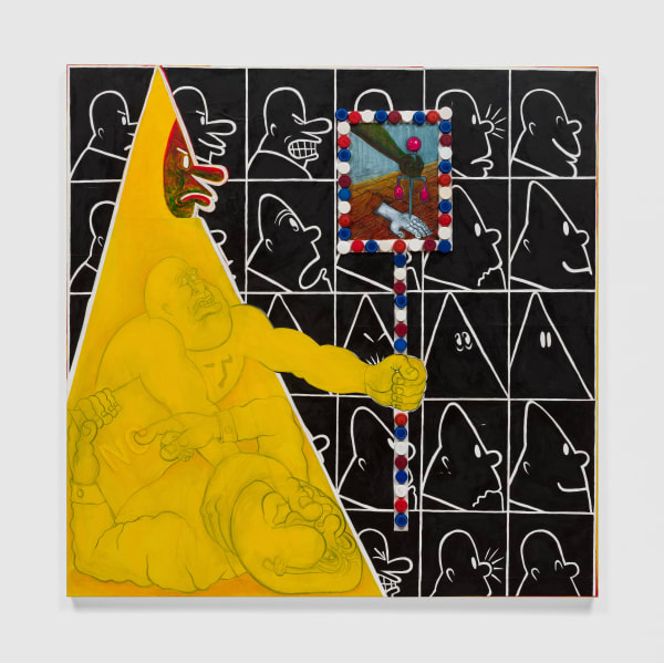 Trenton Doyle Hancock Let’s Try the Yellow Triangle Angle or The Return of Piss Christ, 2022 Acrylic, graphite, paper and canvas collage, plastic bottle caps on canvas 48 x 48 in 121.9 x 121.9 cm
