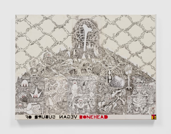 Trenton Doyle Hancock Vegan Suburb of Bonehead, 2022 Acrylic, graphite, ink, paper and canvas collage on canvas 30 x 40 in 76.2 x 101.6 cm