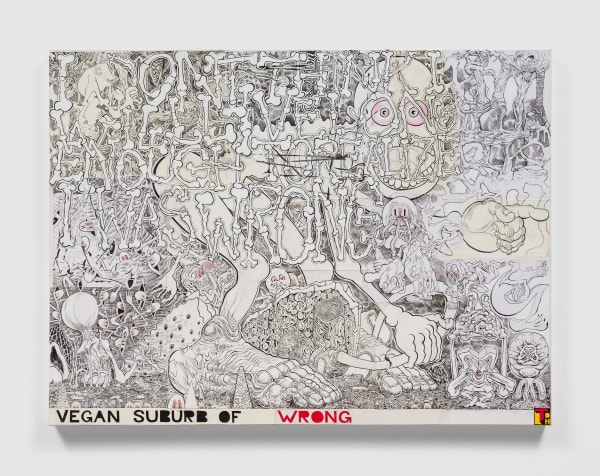 Trenton Doyle Hancock Vegan Suburb of Wrong, 2022 Acrylic, graphite, ink, paper and canvas collage on canvas 30 x 40 in 76.2 x 101.6 cm