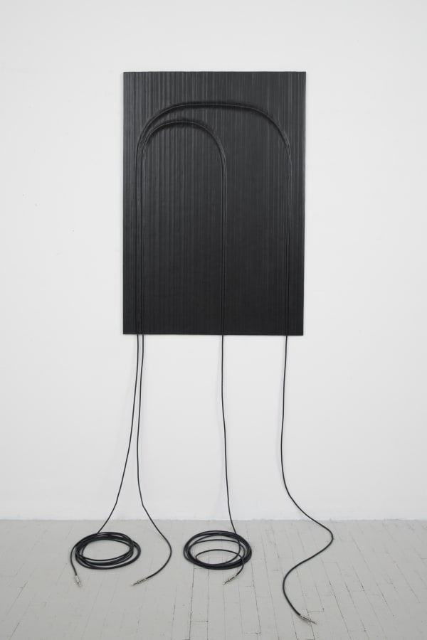 Naama Tsabar Suspension (Arches #1), 2023 Gaffer tape, audio cable and connectors, aluminum, CA glue, archival PVA glue. Gaffering: Patrick Busby, Naama Tsabar. With cable drops: 48 x 33 1/4 x 3/4 in (not including length of cable) Panel only: 48 x 33 3/16 x 5/8 in