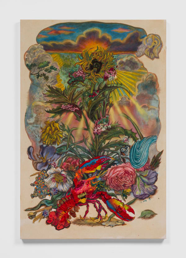 Ken Gun Min Lake Lobster and Sunflower, 2023 Korean pearl pigment, embroidery, oil on canvas 60 x 40 in 152.4 x 101.6 cm
