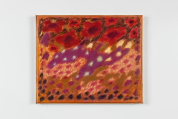 Larissa Lockshin Untitled (Heart Beat Away), 2025 Oil and soft pastel on dyed satin with artist-made frame 18 ½ x 22 ½ in 47 x 57.1 cm