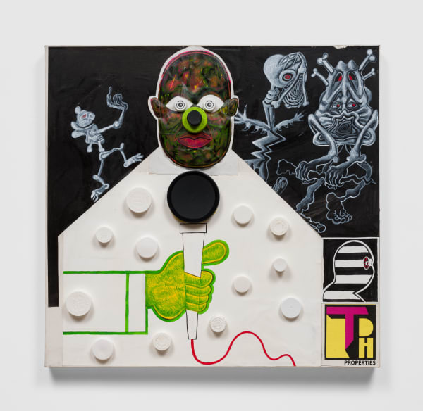 Trenton Doyle Hancock Beep, Beep, Beep, This Just In, 2022 Acrylic, graphite, paper collage, plastic bottle caps, silkscreen on canvas 31 1/4 x 30 in 78.7 x 76.2 cm