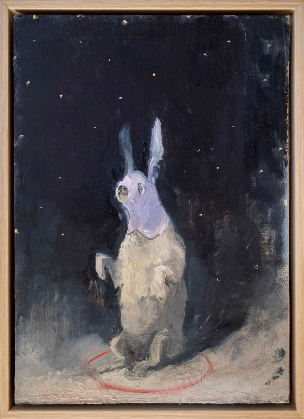 A painting by Seth Becker of a dog up on its hind legs against a dark background. The dog is wearing a lilac rabbit mask and sits within a thin red circle on the ground.