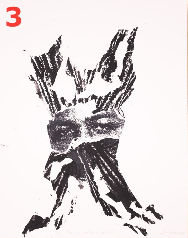 A black and white monotype print by John Alleyne. The image shows a part of a face of a Black man superimposed with disembodied dreadlocks.