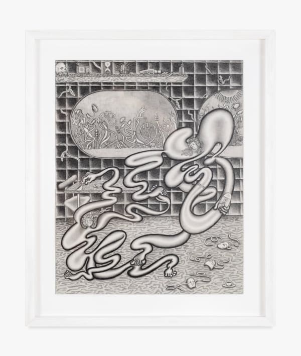 A highly detailed graphite drawing by Erica Westenberger of two female figures with twisting intertwining limbs in an interior domestic space. Past them out the window is a garden with plants whose stems mimic the undulating movement of the figures' limbs.