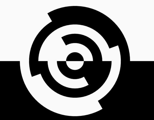 A screen grab from a live simulation coded by Ian Gouldstone. The simulation features concentric black and white circles that gradually rotate over time to form different shapes and patterns. The full simulation screen is bifurcated, with the top half white and the bottom half black. Each circle is similarly bifurcated but the black and white flip as the circles rotate. The simulation runs on its own accord based on the code written by the artist, and thus never repeats. For installation, the simulation is screened on a 43" monitor.