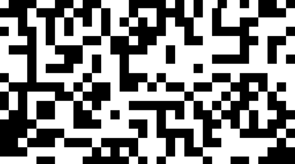 A screen grab from a live simulation coded by Ian Gouldstone. The simulation features a grid of randomized black squares against a white background (or perhaps vice versa). Over the passage of time, the squares slowly shift and move, creating different patterns that are never the same. The simulation is displayed on a 43" monitor in the exhibition space.