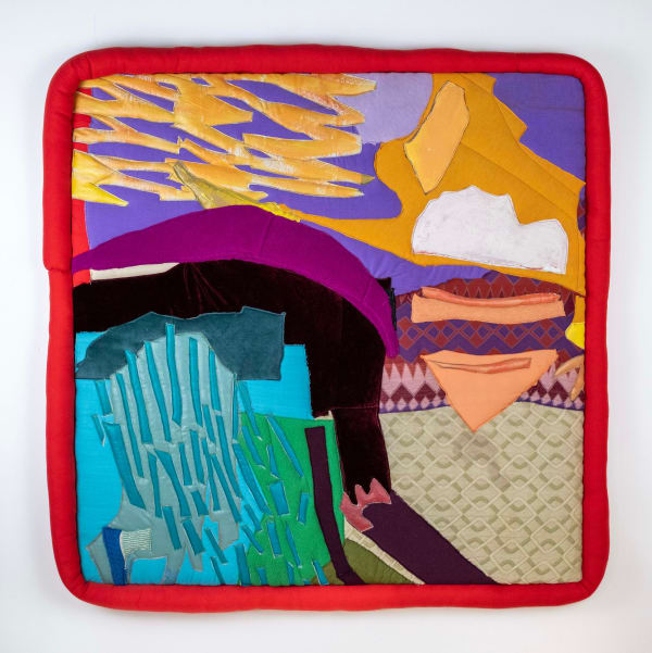 An abstract quilt by Sadie Sheldon made of recycled materials. The shapes are rendered in various shades of teal, yellow, peach, and purple. The cloth frame is red.