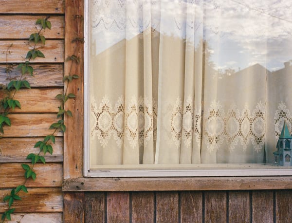 Photograph by Casey Joiner of the window of a wood-slatted house. To the left, on the wooden wall, two green vines climb toward the frame of the window. Through the window the photographer/ viewer sees a an off-white curtain with lace details and at the right most edge of the window is a miniature gray house/ castle with a green roof and tower.