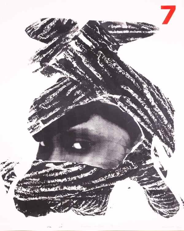 A black and white monotype print by John Alleyne. The image shows a part of a face of a Black man superimposed with disembodied dreadlocks.