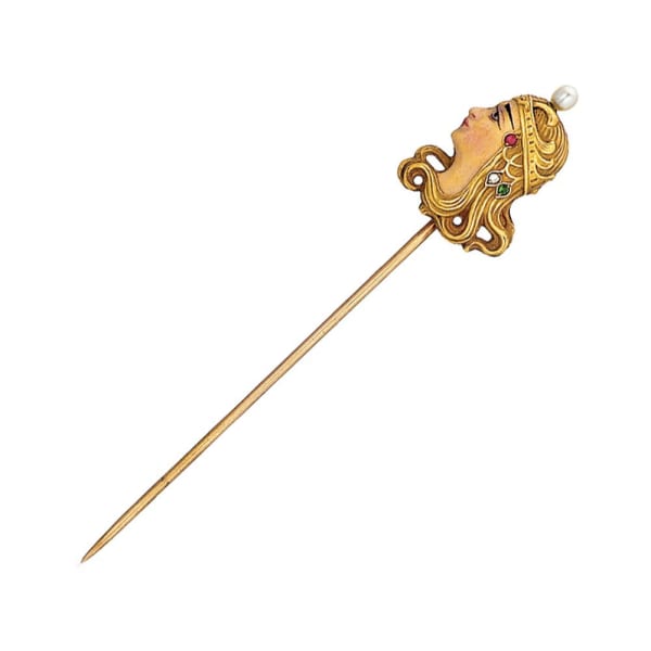 An American Art Deco Enameled Gold Stickpin, c. 1925
