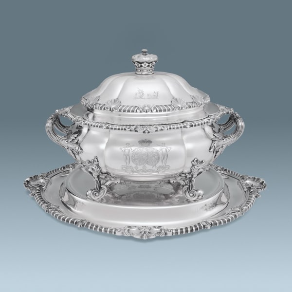 John S. Hunt, A Victorian Antique English Silver Soup Tureen and Stand, 1845