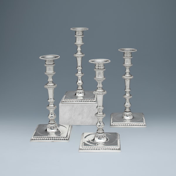 Edward Wakelin, A Set of Four George II Antique English Silver Candlesticks by Edward Wakelin, Goldsmith to the Prince of Wales, 1756