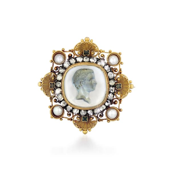 A Carved Stone, Gold and Diamond Brooch, c. 1870
